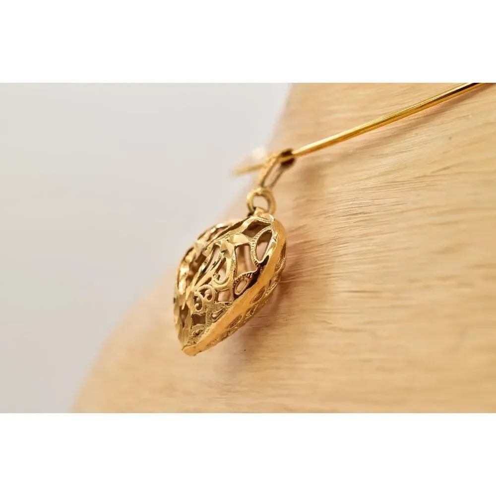 Vintage Collar Choker Necklace Filigree Heart Puffy Pendant Chunky 1980s BinA17